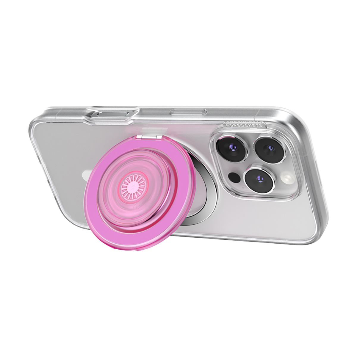 Una funda transparente para teléfono con un soporte de anillo rosa y tres lentes de cámara.
