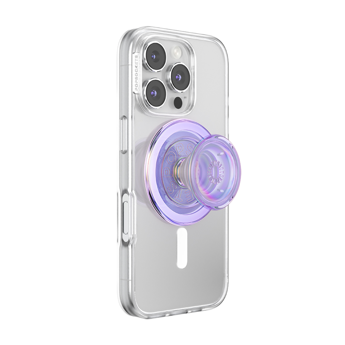 Funda transparente para teléfono con un PopSocket iridiscente morado adjunto.