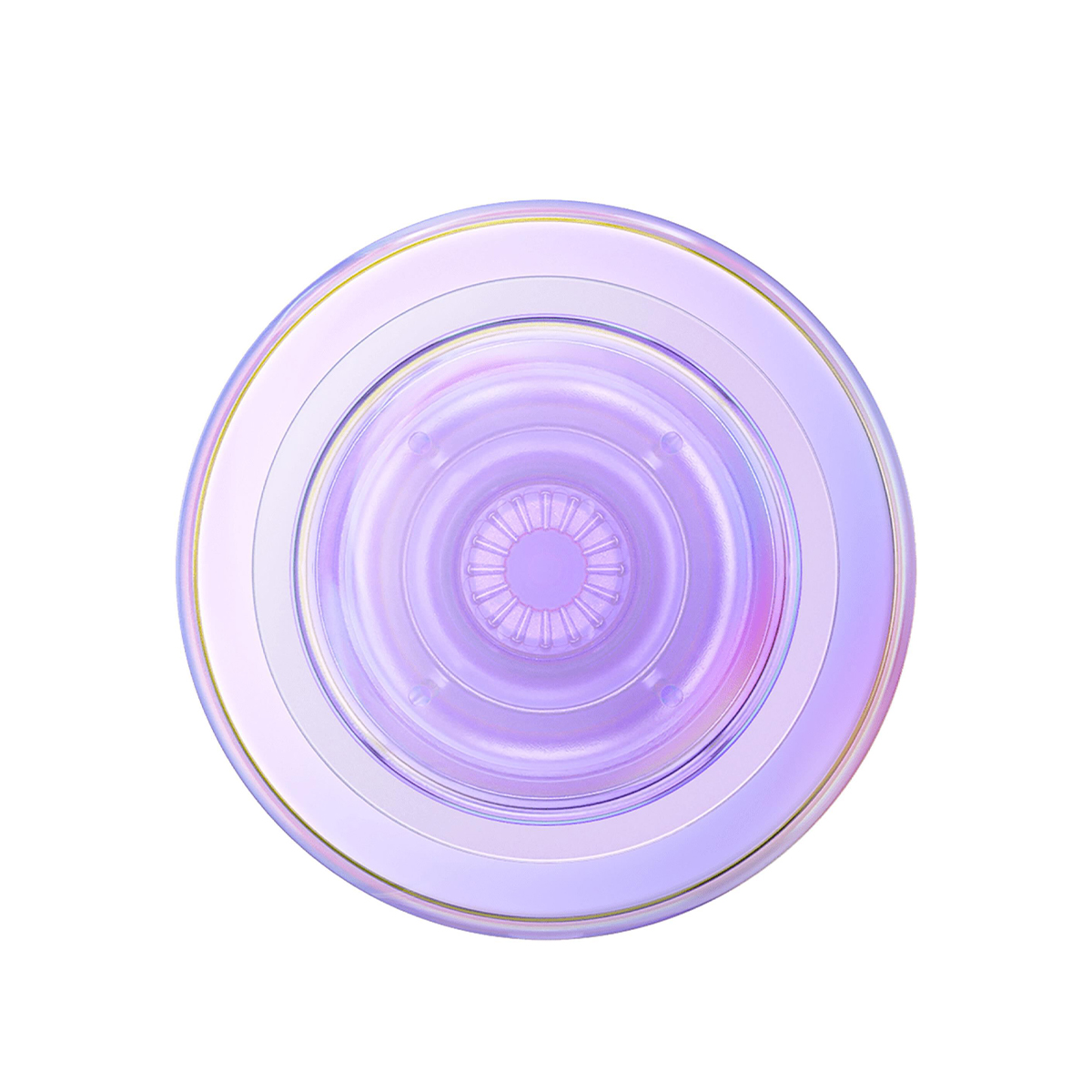 Un objeto circular morado con detalles dorados y círculos concéntricos.