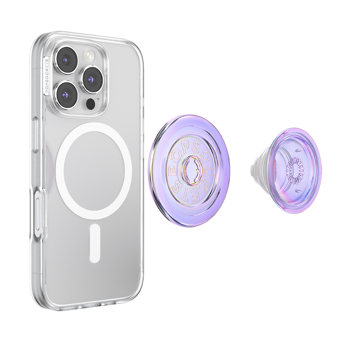 Una funda de teléfono transparente con anillo magnético y dos PopSockets morados.