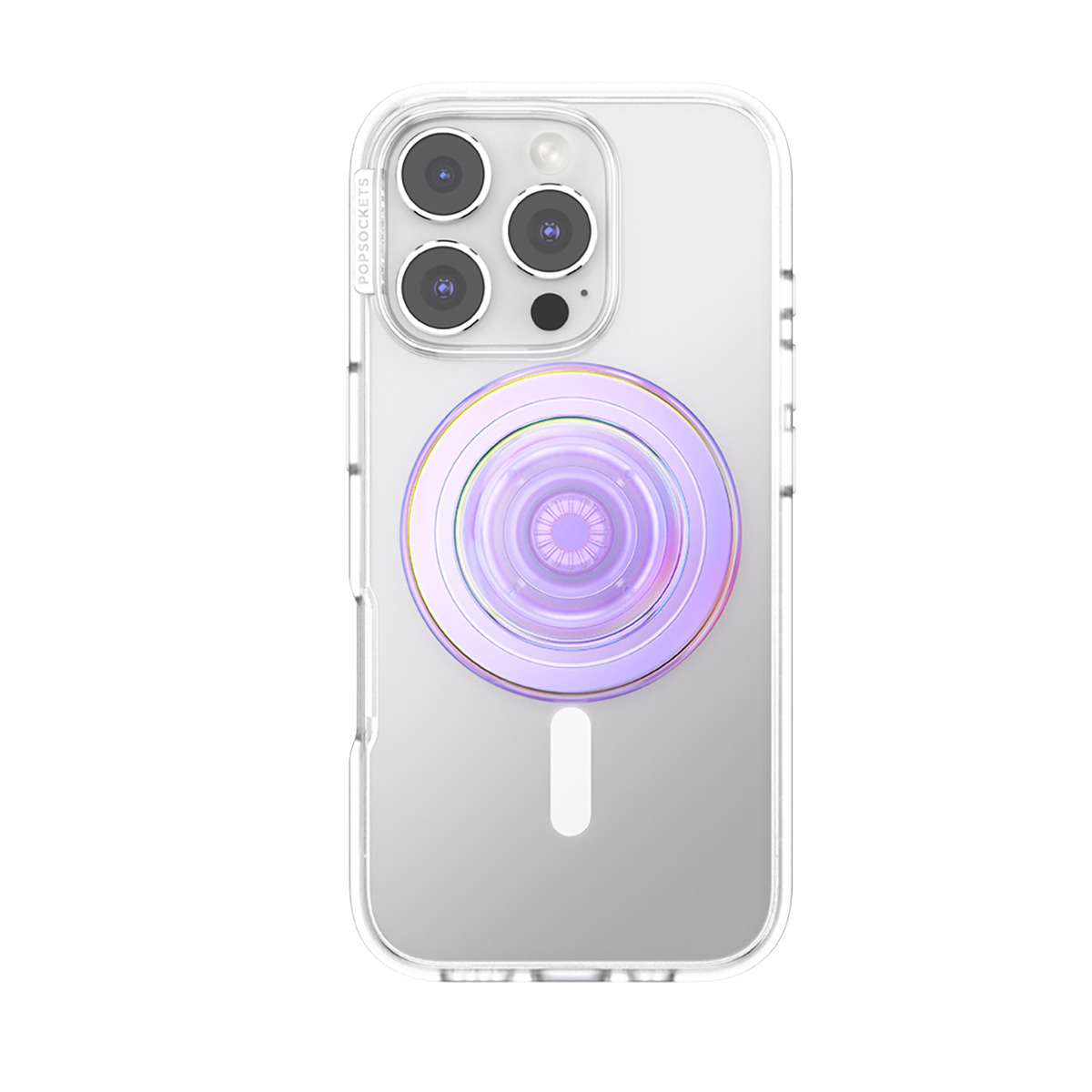 Una funda de teléfono transparente con PopSocket y tres cámaras.
