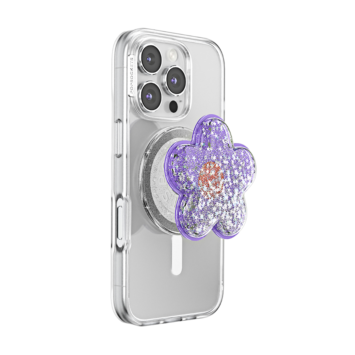 Funda transparente con agarre de flor morada con purpurina y estrellas adjunto.
