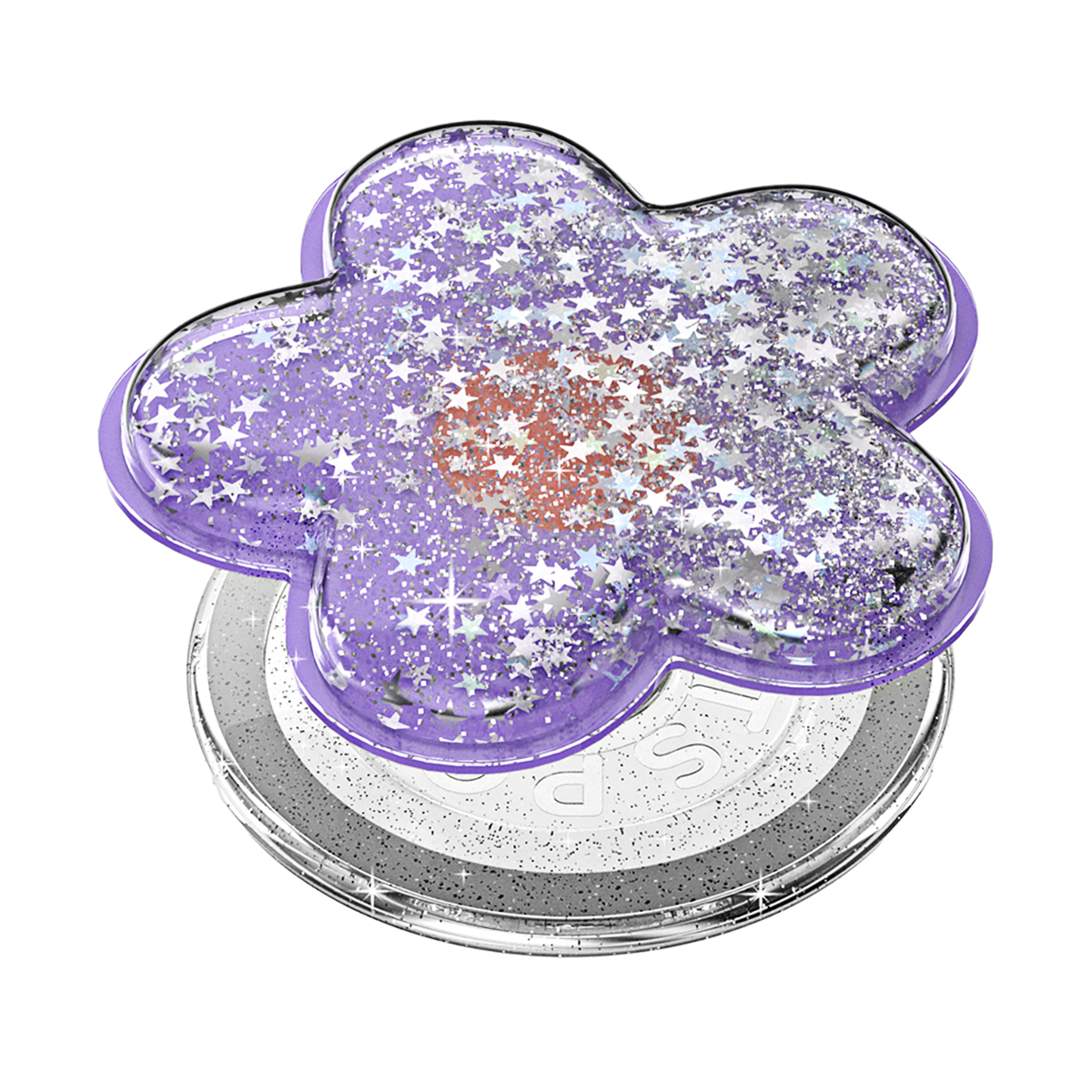 Un amuleto morado en forma de flor con purpurina y estrellas.