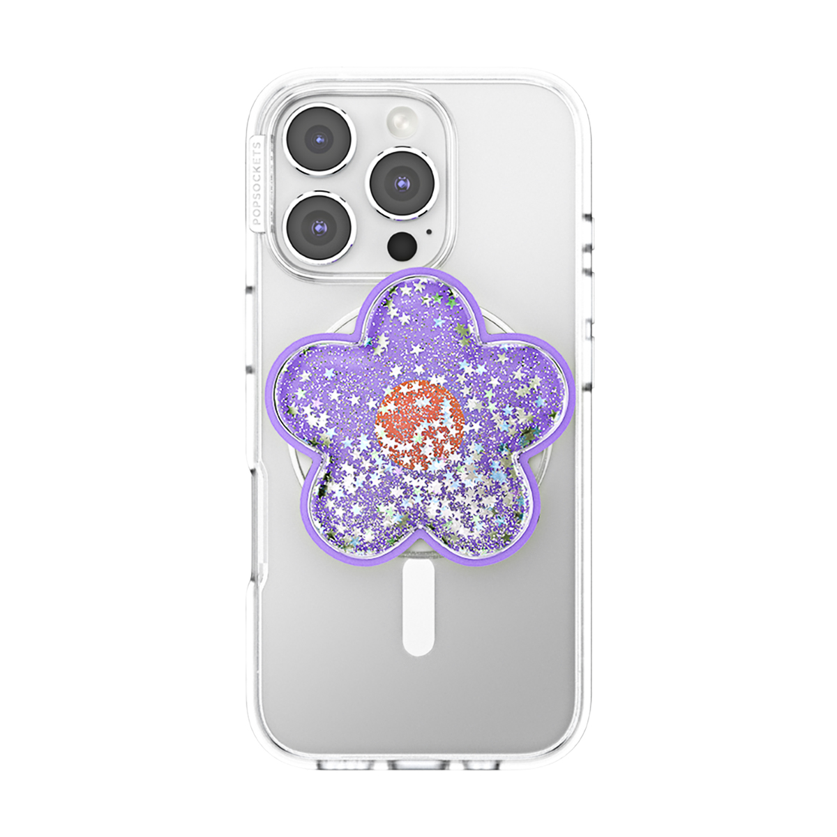Un popsocket de flor morada con purpurina en una funda de teléfono transparente.