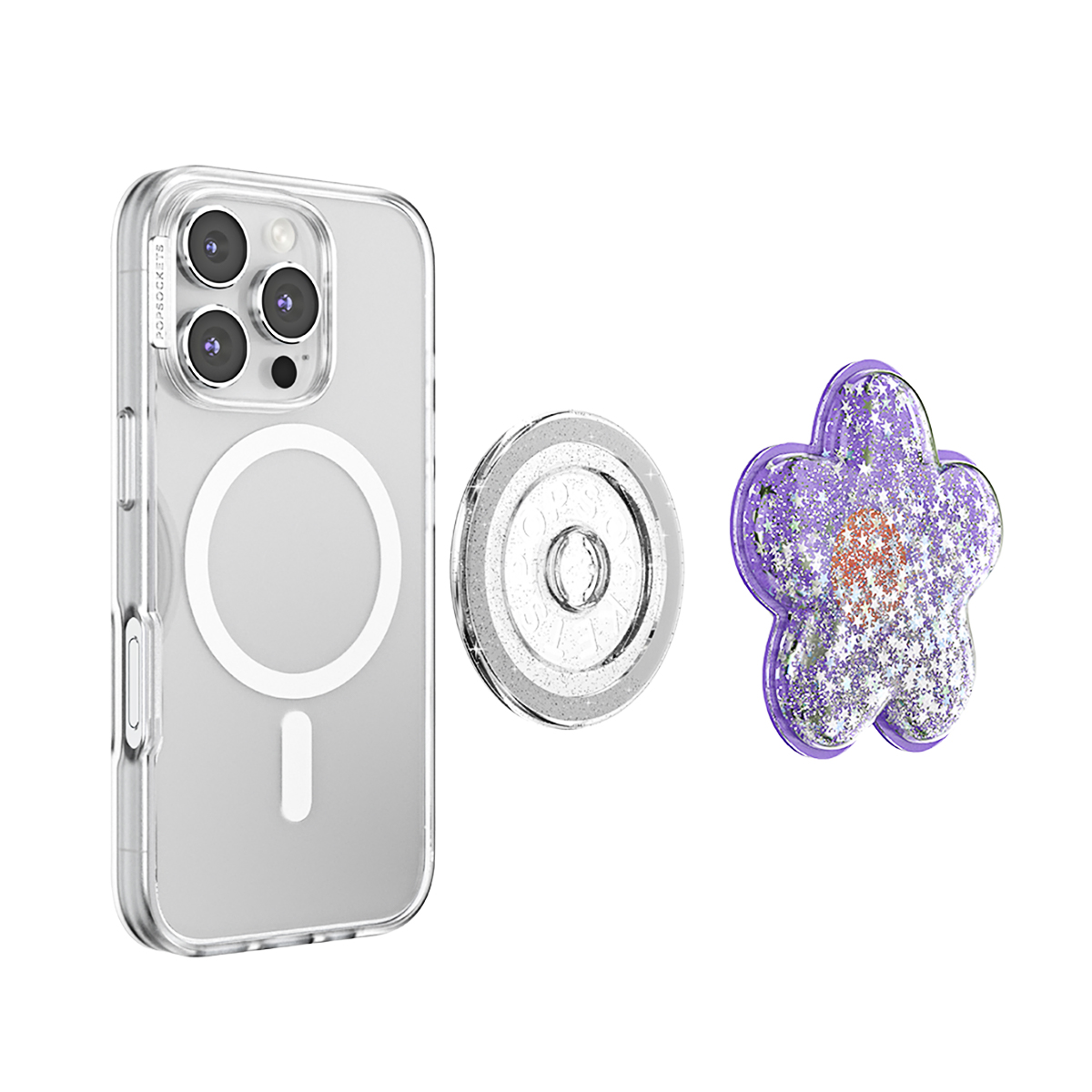 Un iPhone transparente con MagSafe, un anillo plateado y un PopSocket de flor morada.