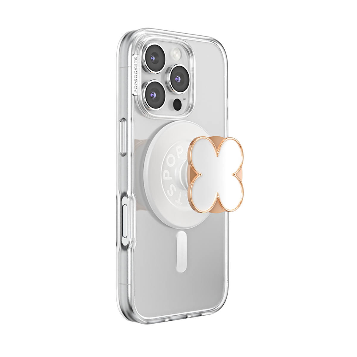Funda transparente para teléfono con agarre PopSocket blanco con diseño de trébol.