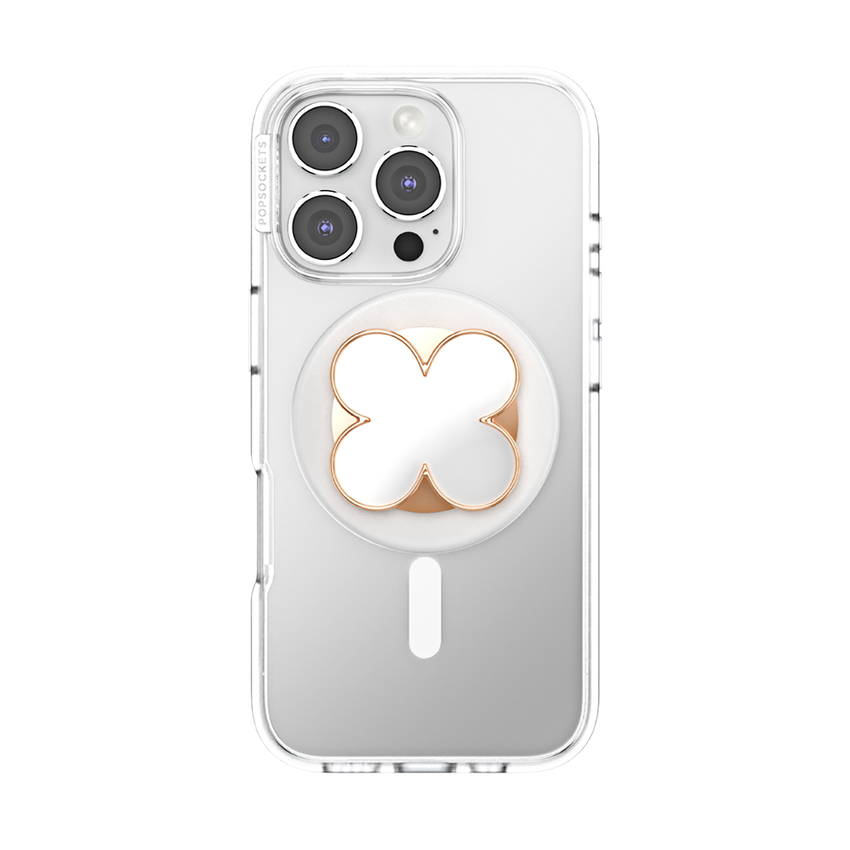 Funda transparente para teléfono con agarre de trébol y lentes de cámara.