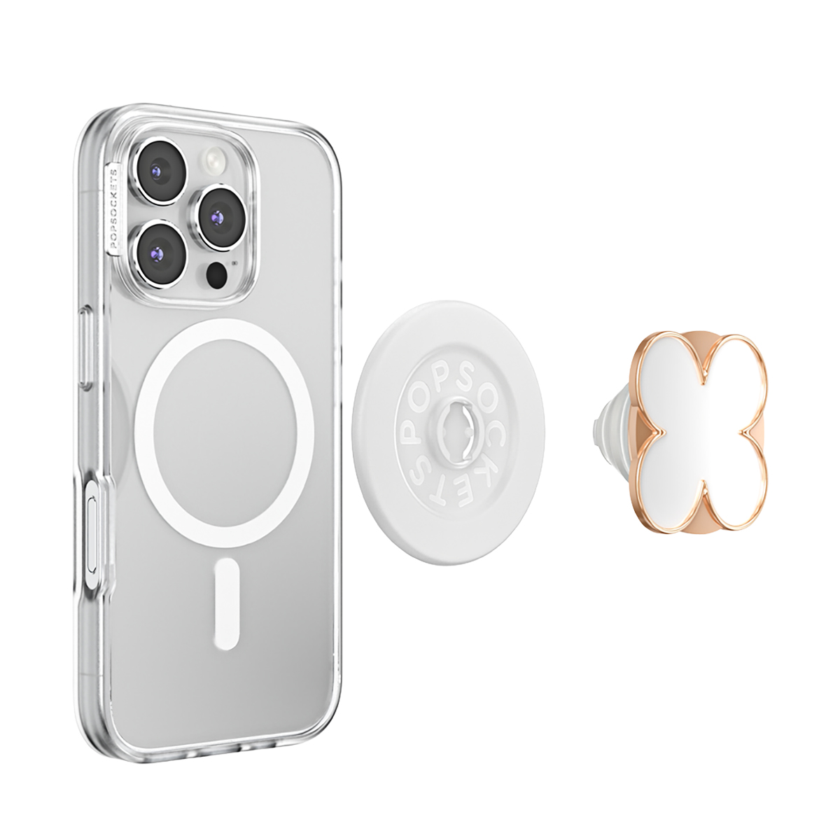 Una funda transparente para teléfono con anillo magnético blanco, base PopSocket blanca y PopTop trébol blanco.