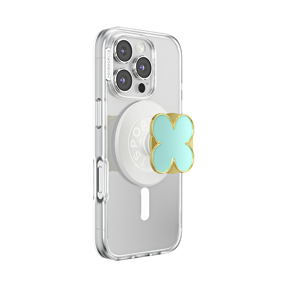 Una funda de teléfono transparente con un PopSocket blanco con diseño de trébol turquesa y borde dorado.
