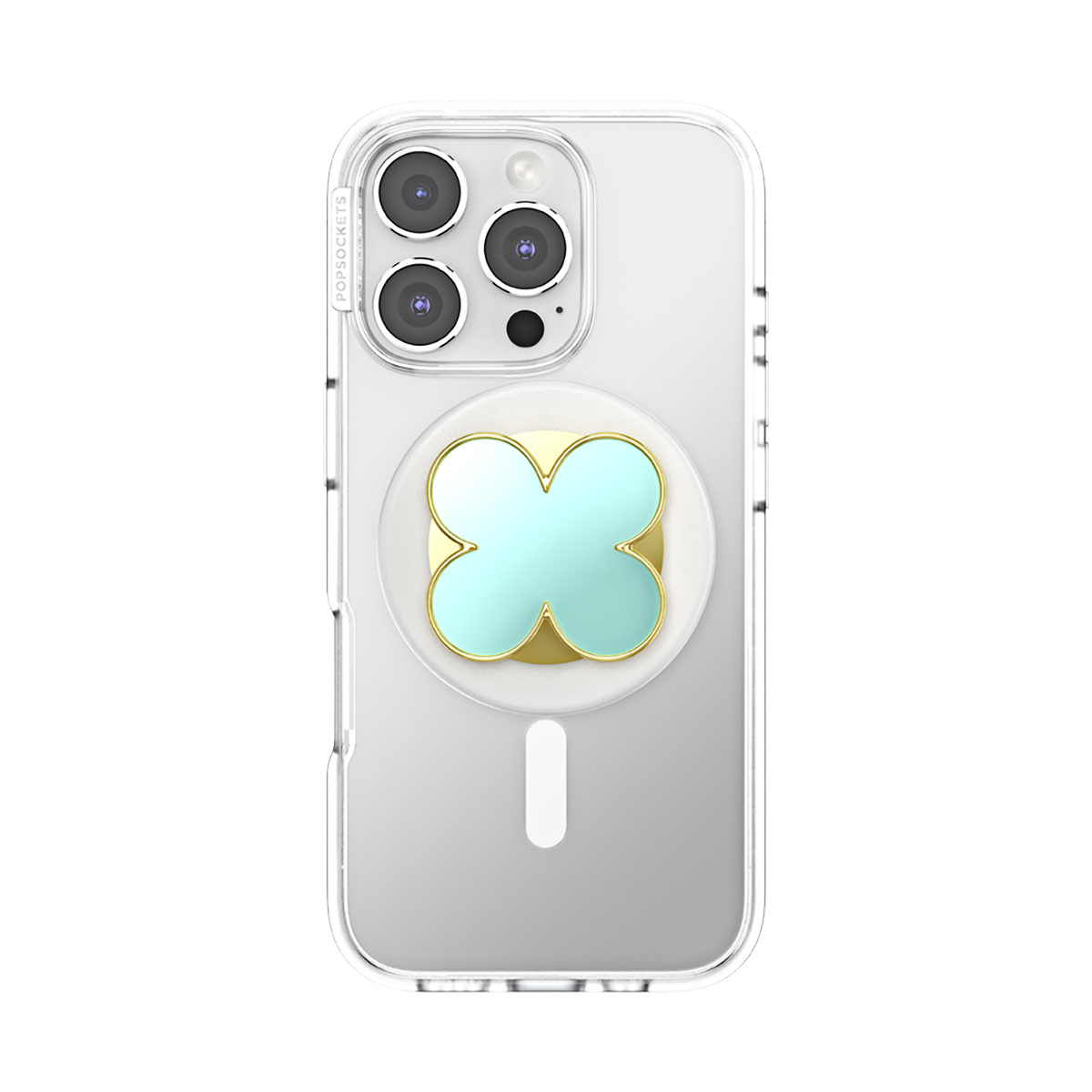 Una funda transparente para teléfono con diseño de trébol y borde dorado.