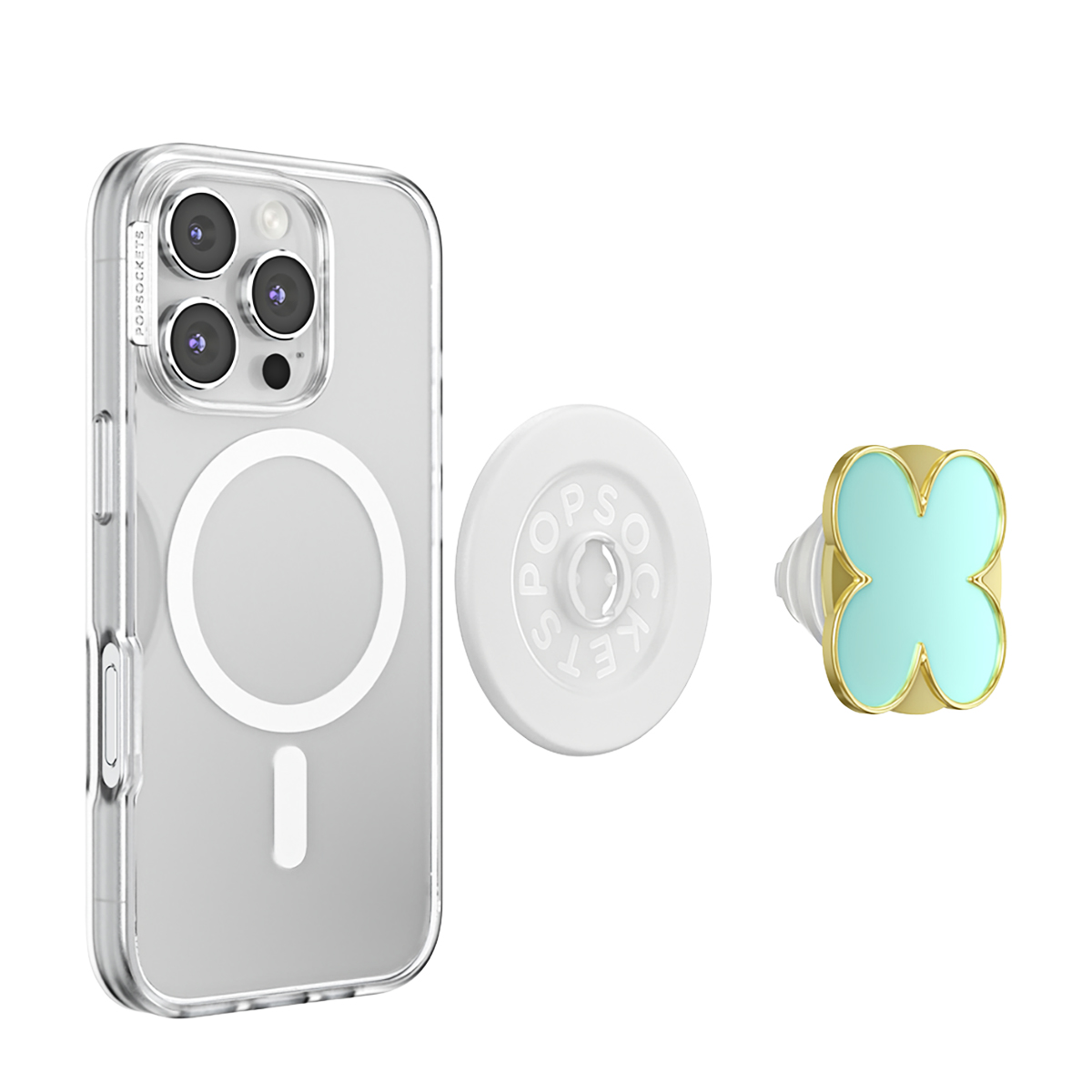 Funda de teléfono transparente, base blanca de PopSocket y un PopSocket verde azulado