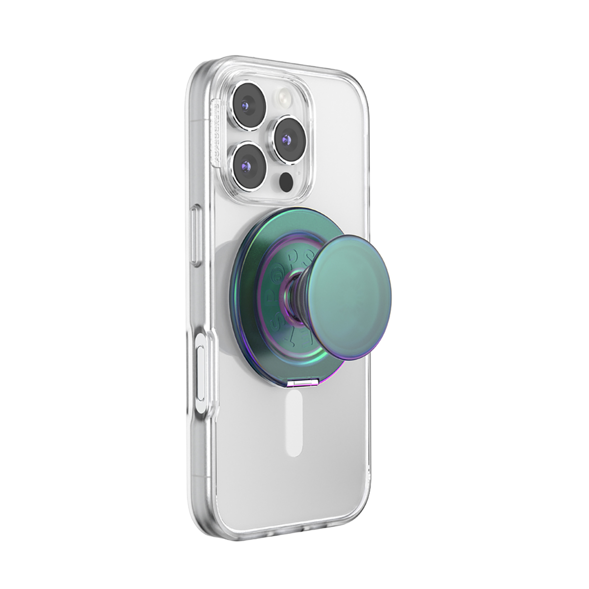 Una funda transparente para iPhone con un PopSocket en tonos verde azulado y morado.