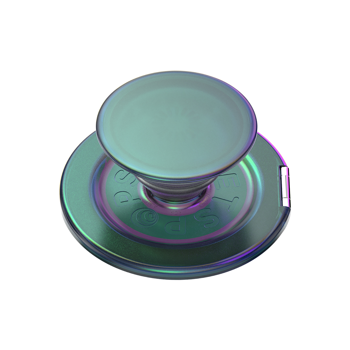 Soporte Pop verde iridiscente con base circular y parte superior expandible.