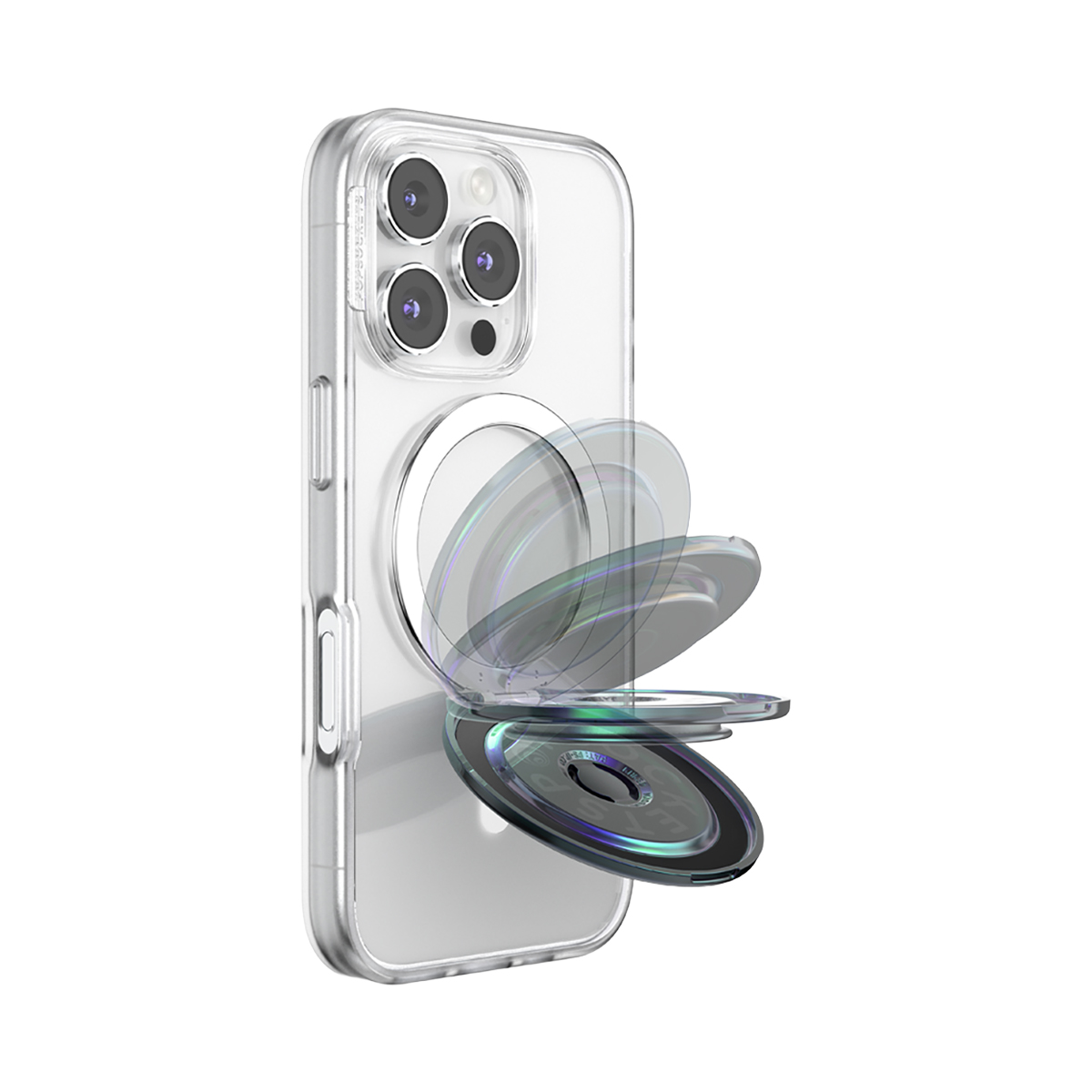 Funda transparente para iPhone con un accesorio de agarre circular abierto e iridiscente.