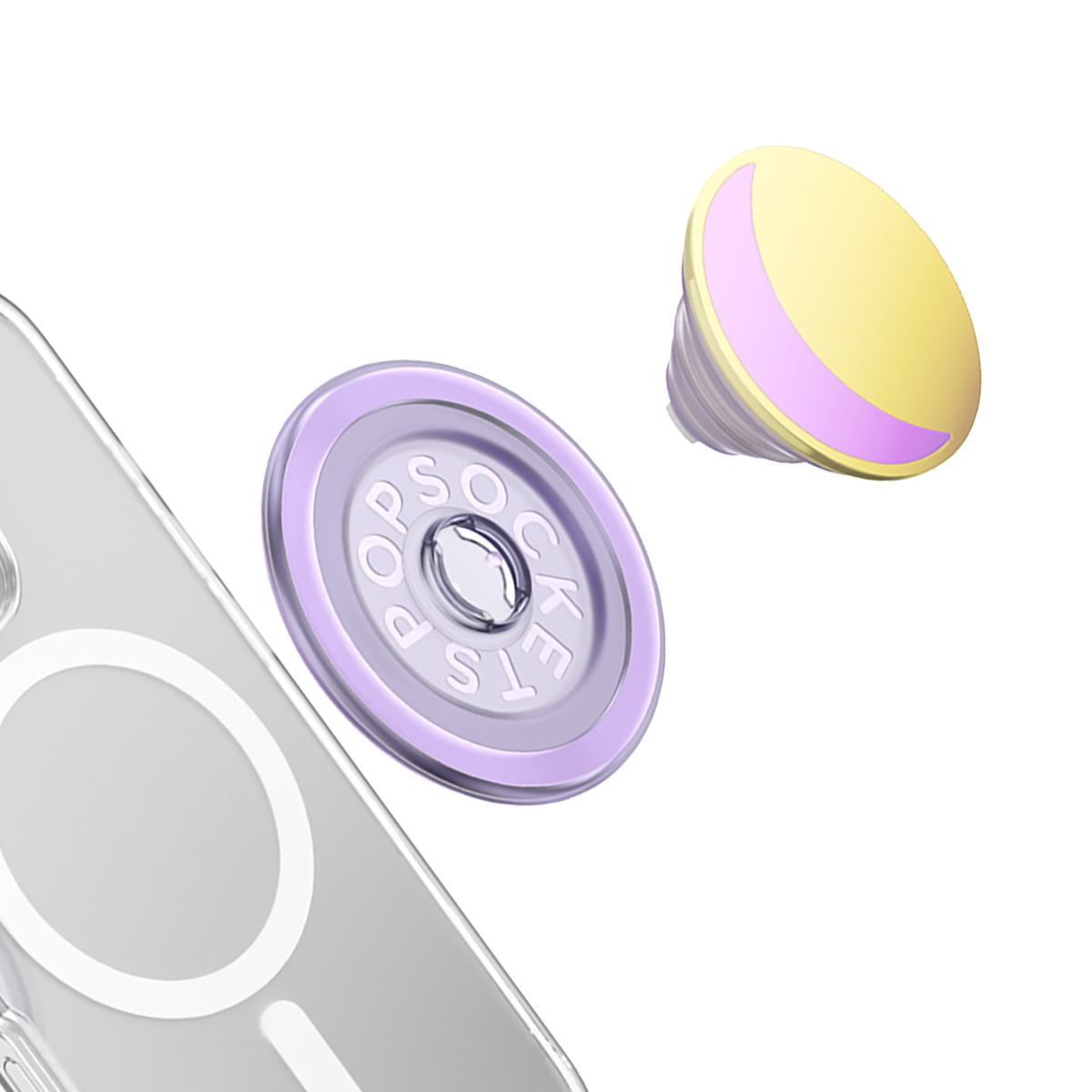 Una funda de teléfono transparente con anillo magnético, base PopSocket morada y parte superior PopSocket amarilla.