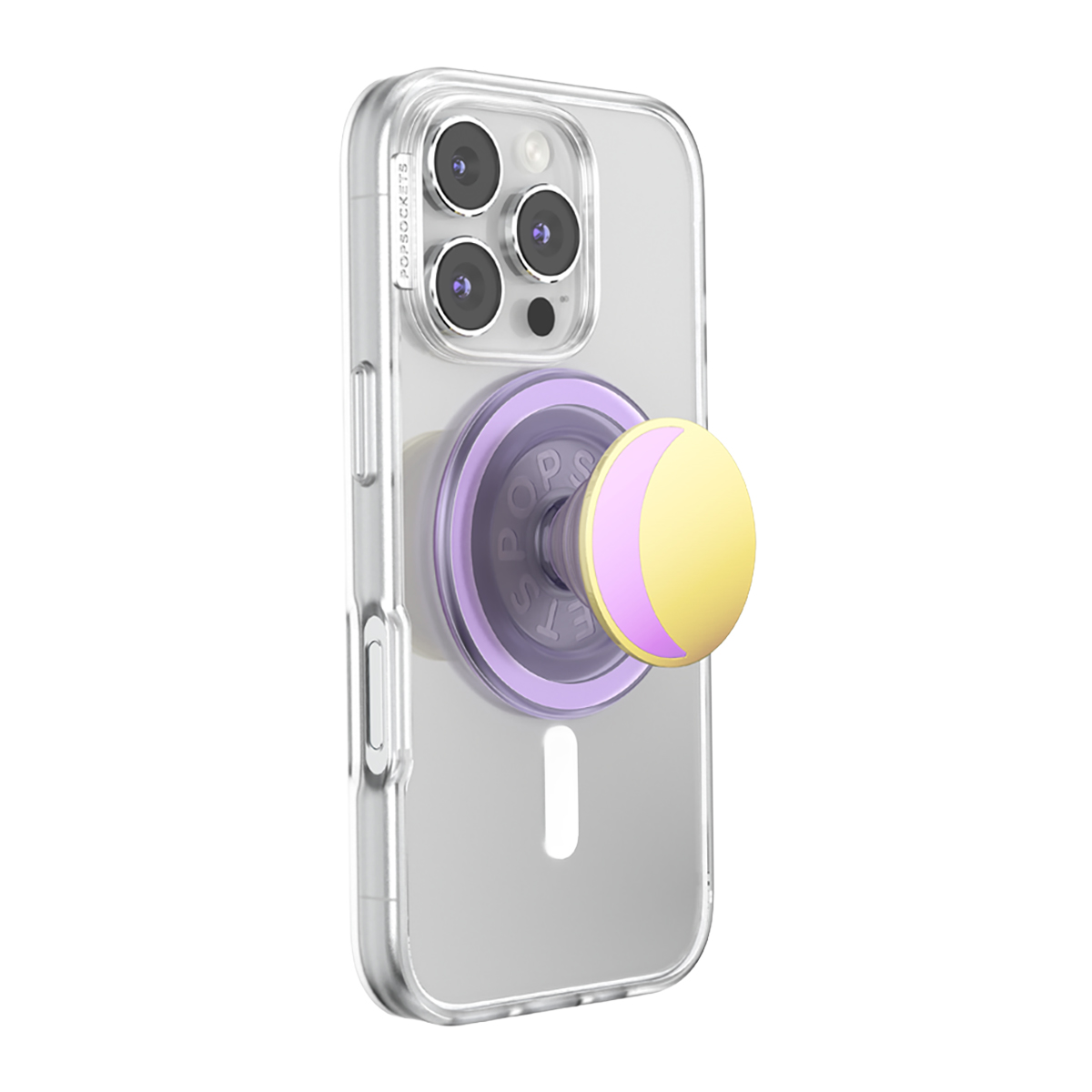 Un teléfono transparente con un PopSocket morado y amarillo en forma de luna.