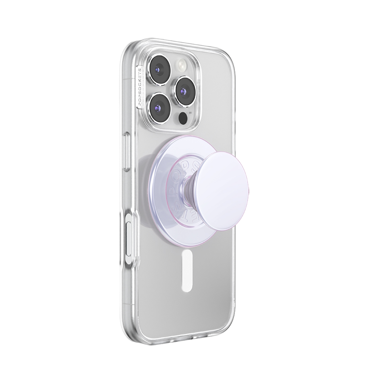Una funda transparente para teléfono con un PopSocket blanco en la parte trasera. El teléfono tiene tres cámaras.