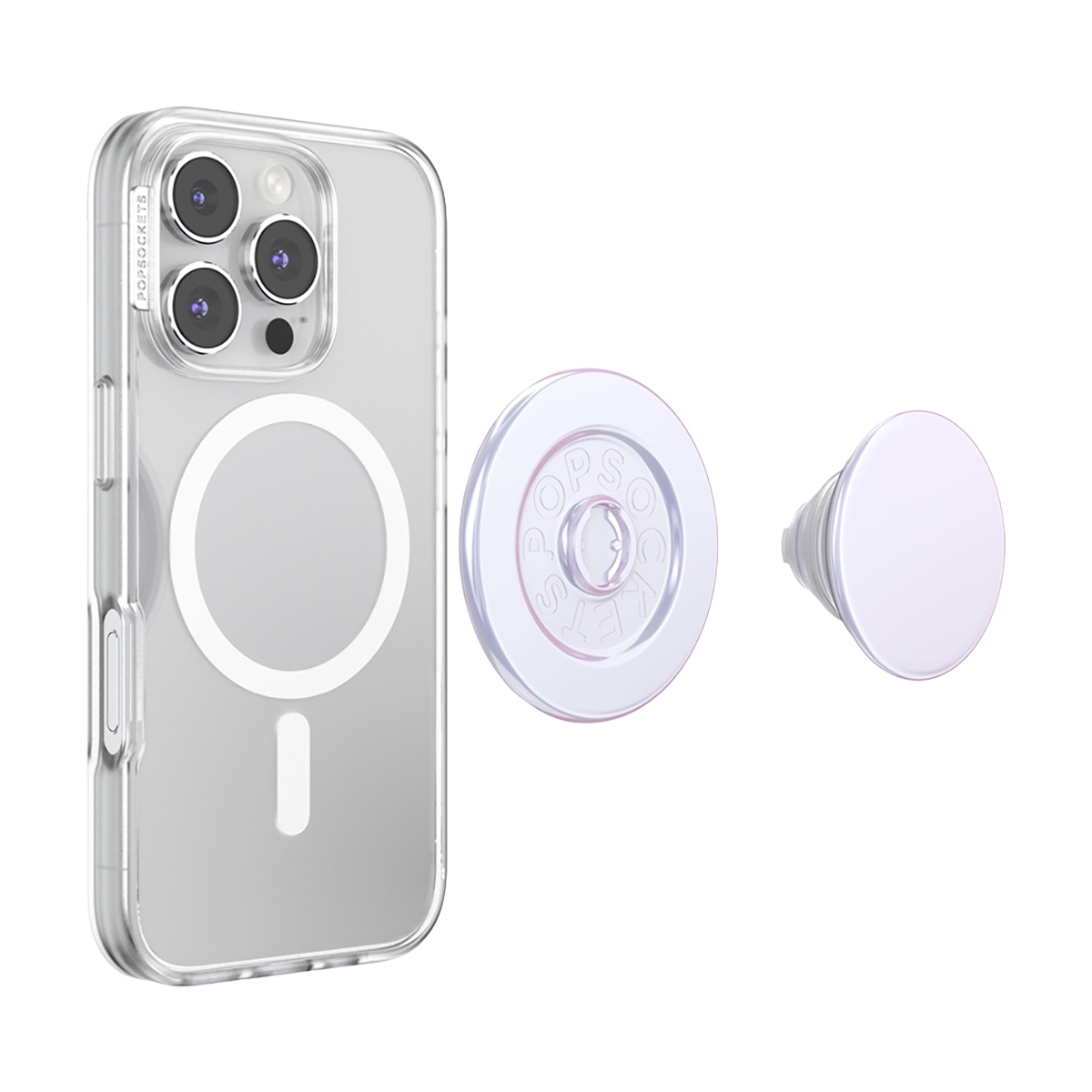 Funda transparente para teléfono con lentes de cámara, anillo MagSafe y accesorio Grip.