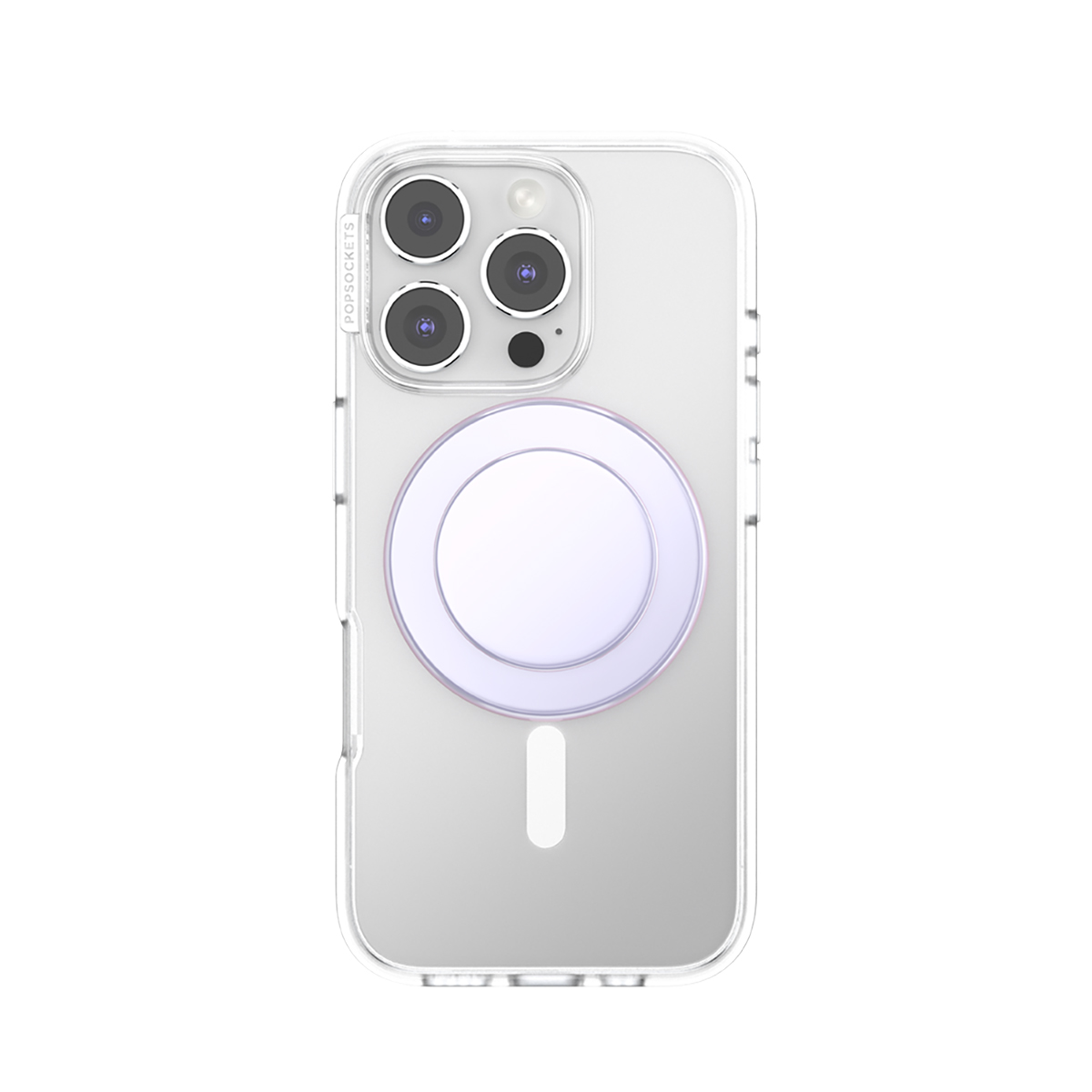 Funda transparente para teléfono con tres cámaras y un círculo magnético blanco.