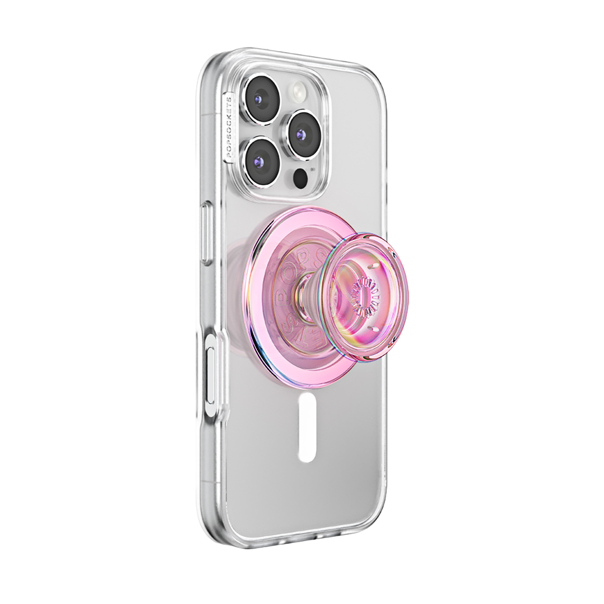 Un iPhone transparente con un soporte PopSocket rosa en la parte trasera.