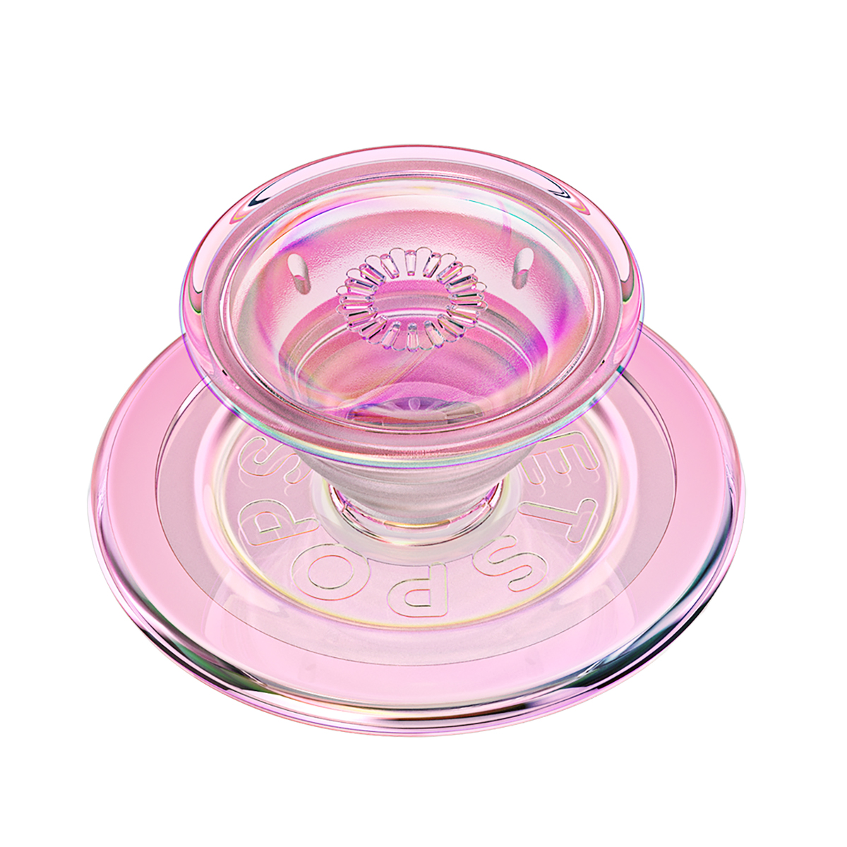 Un PopSocket rosa iridiscente con patrón acanalado en la parte superior.