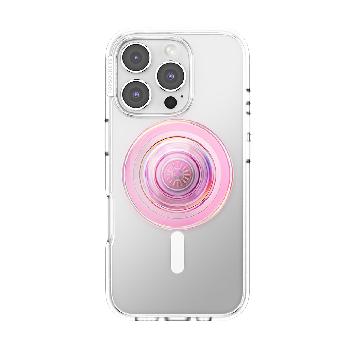Funda transparente para teléfono con PopSocket rosa y triple lente.