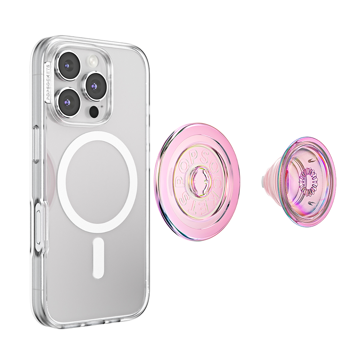 Una funda de teléfono transparente con anillo magnético y dos PopSockets rosas.