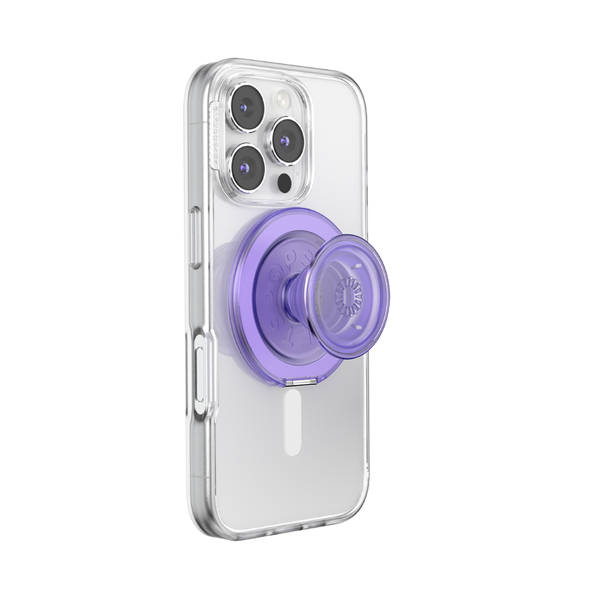 Funda transparente de iPhone con un PopSocket morado en la parte trasera.