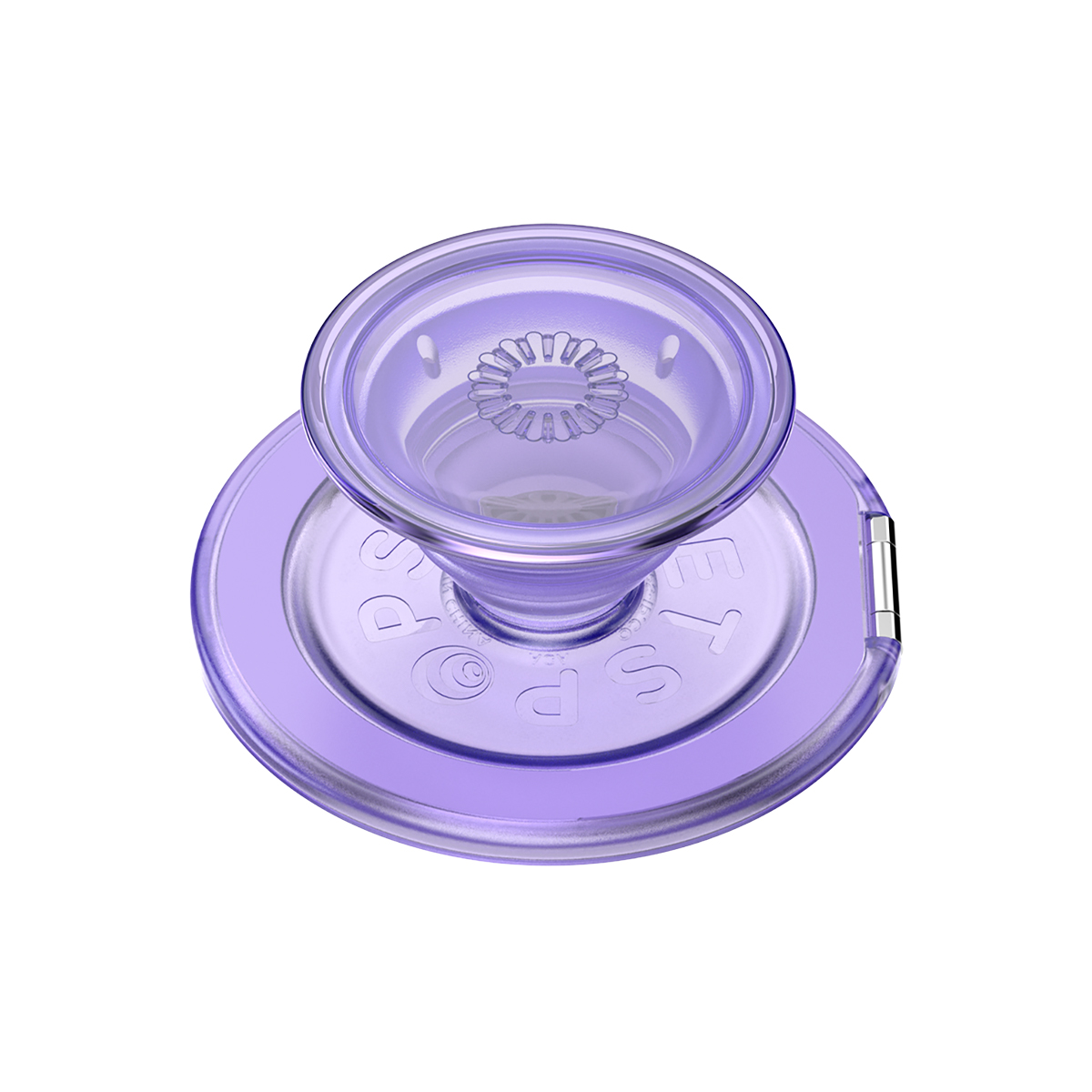 Soporte PopSocket morado con logo sobre fondo blanco.