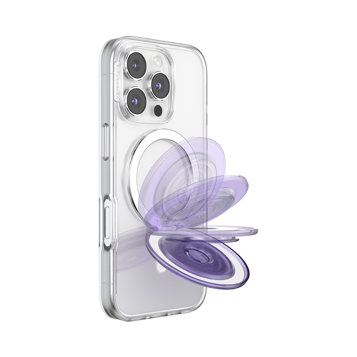 Una funda transparente para iPhone con un agarre y soporte plegable de varias capas de color púrpura en la parte trasera.