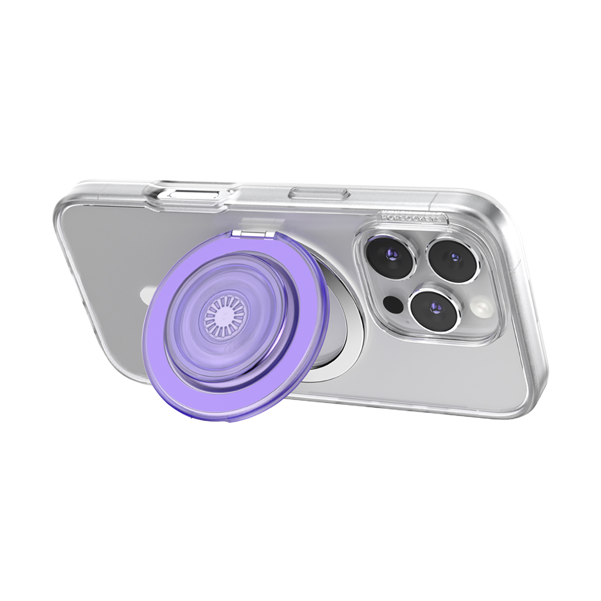 Una funda transparente para teléfono con un soporte de anillo morado en la parte posterior.