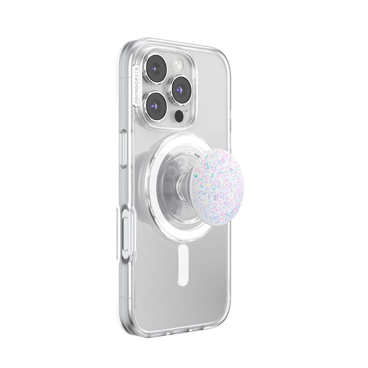 Funda transparente para teléfono con un PopSocket blanco brillante adjunto.