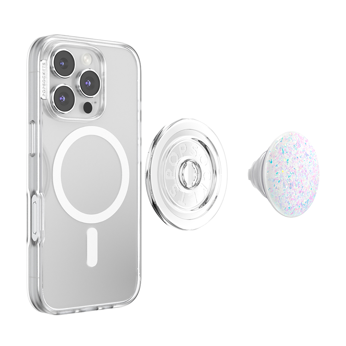 Funda transparente con MagSafe, agarre y accesorio de purpurina.