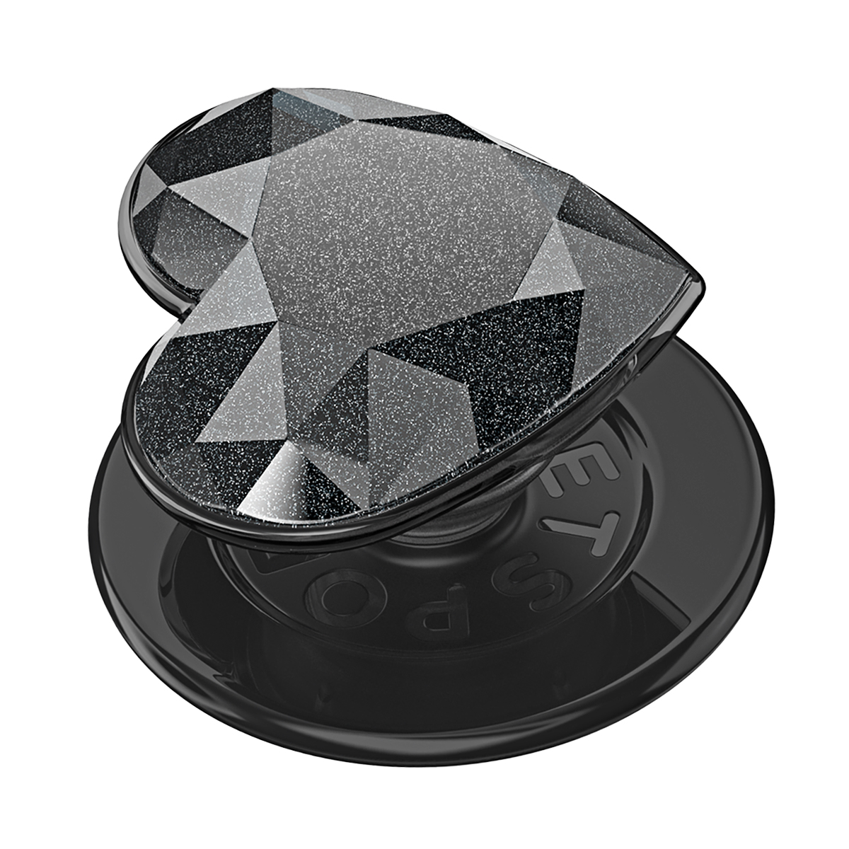 Un agarre negro para smartphone en forma de corazón con diseño facetado.
