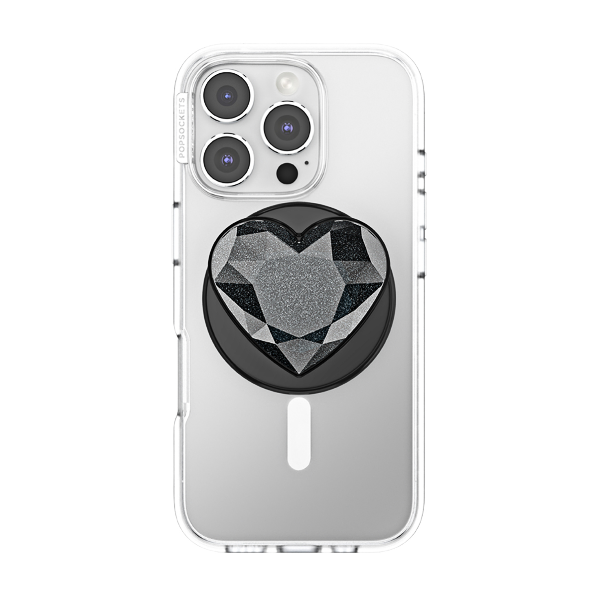 Una funda transparente para teléfono con un PopSocket en forma de corazón brillante.