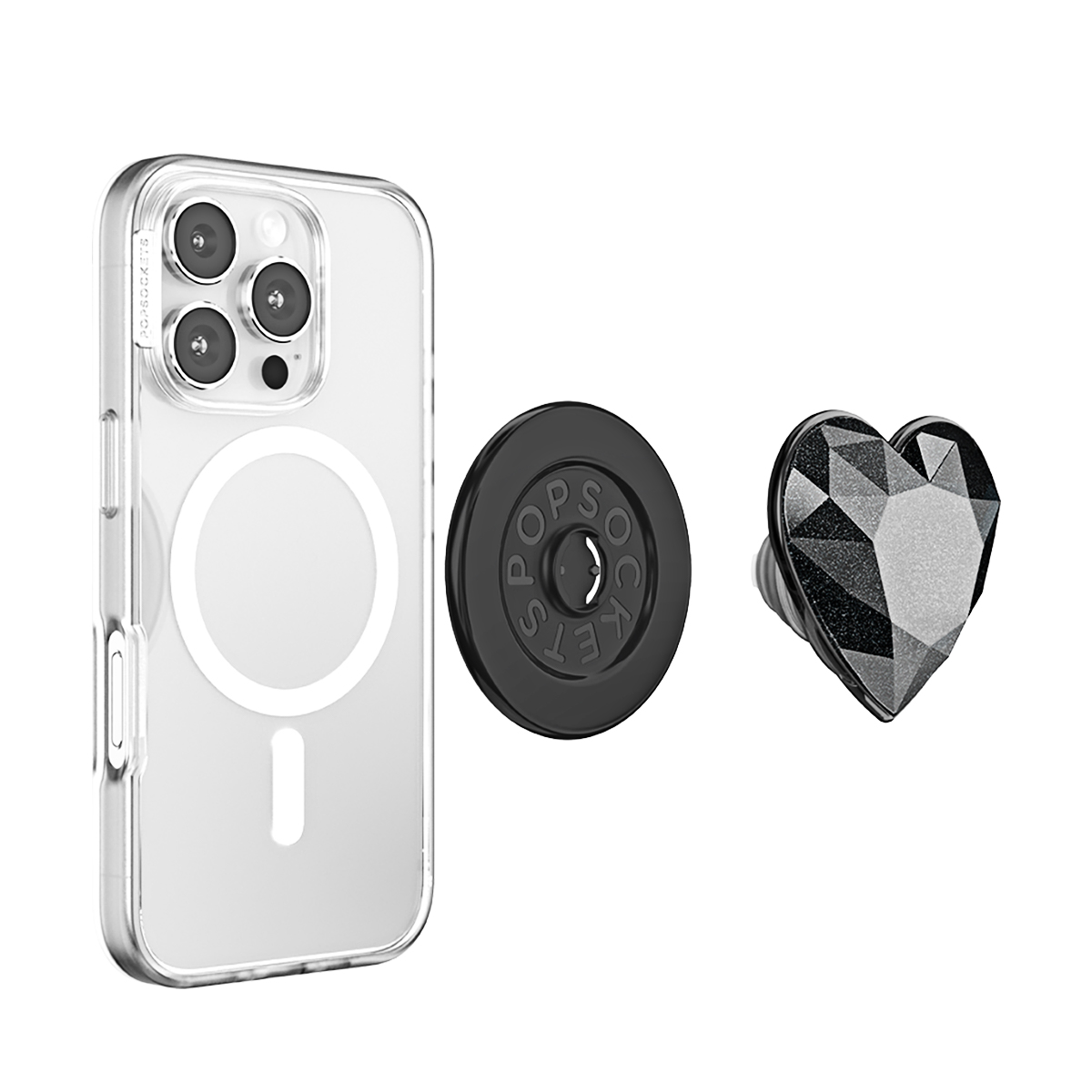 Funda transparente para teléfono con anillo magnético, base PopSockets negra y agarre de corazón negro.