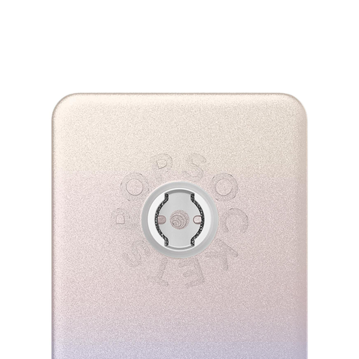 Primer plano de la parte trasera de un teléfono dorado claro con un soporte PopSockets circular blanco y plateado.