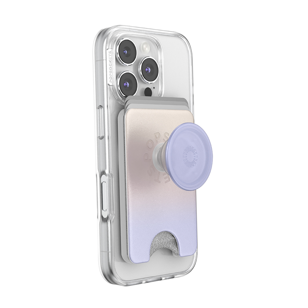 Una funda transparente para teléfono con billetera y PopSocket morado adjunto.