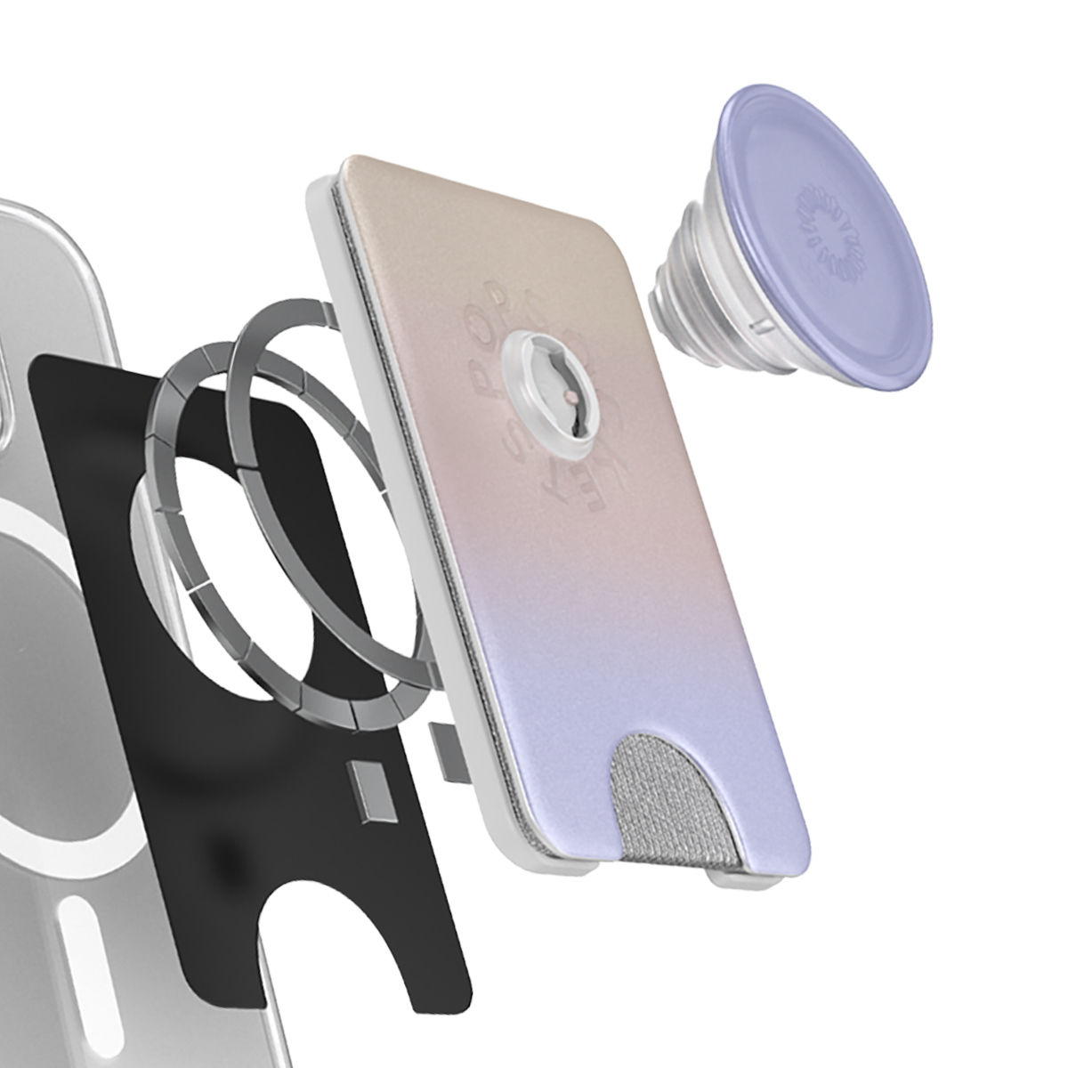 Vista explosionada de funda de teléfono, soporte de anillo, tarjetero y PopSocket.