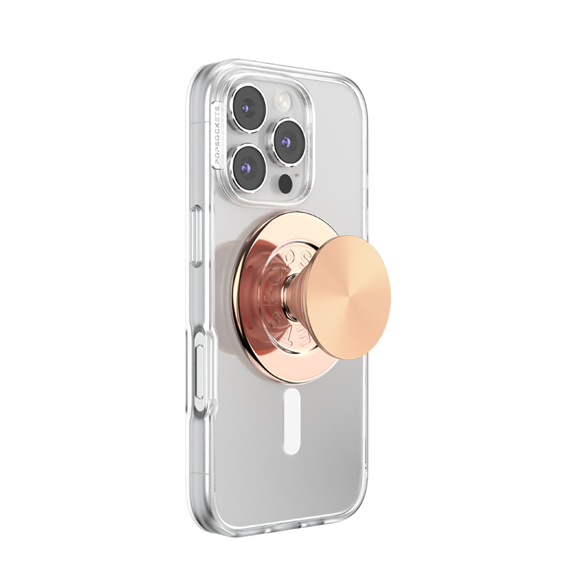 Un PopSocket en oro rosa está unido a una funda de teléfono transparente.