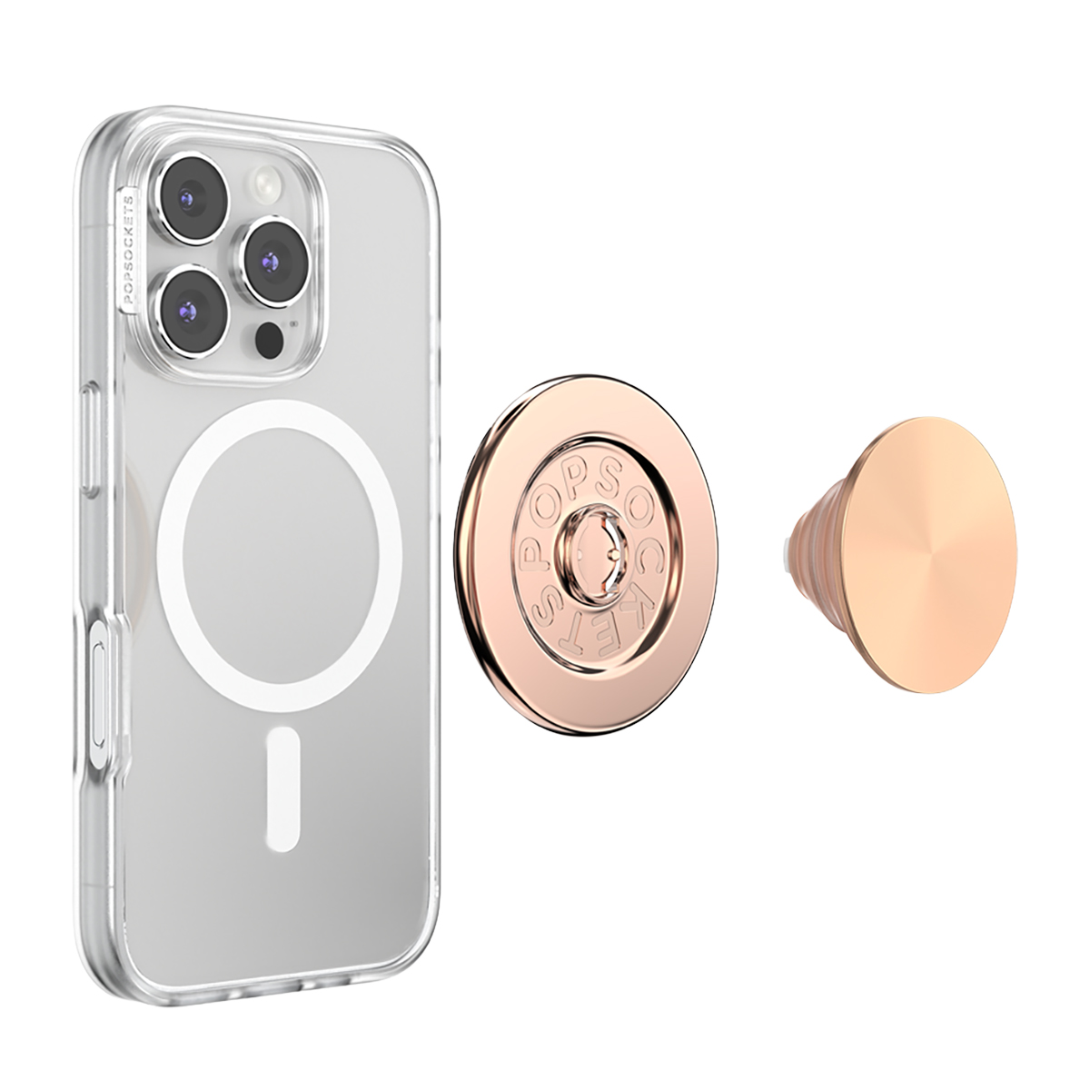 Funda transparente para teléfono con anillo magnético, PopSocket y agarre en oro rosa.