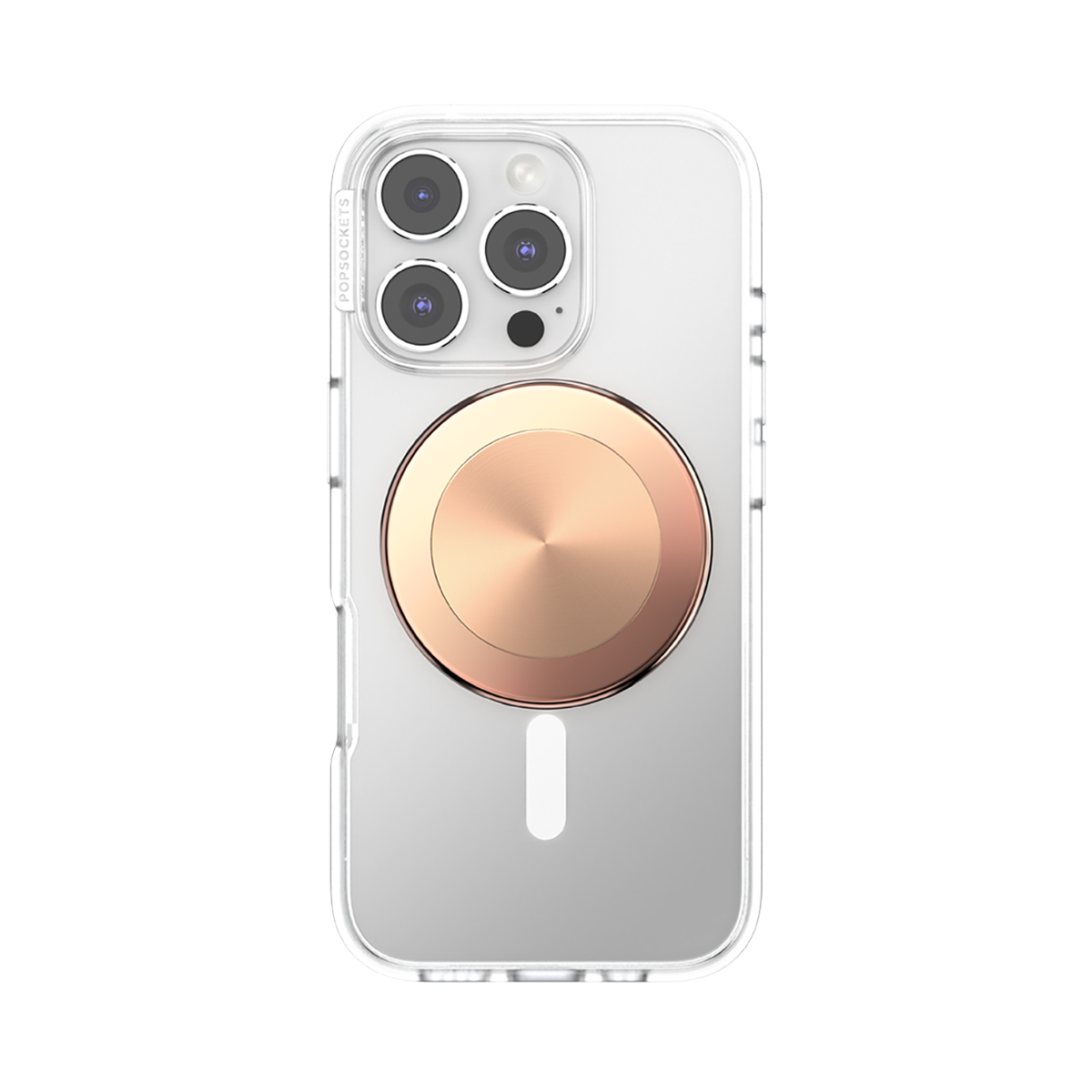 Funda transparente para teléfono con triple cámara y anillo oro rosa.