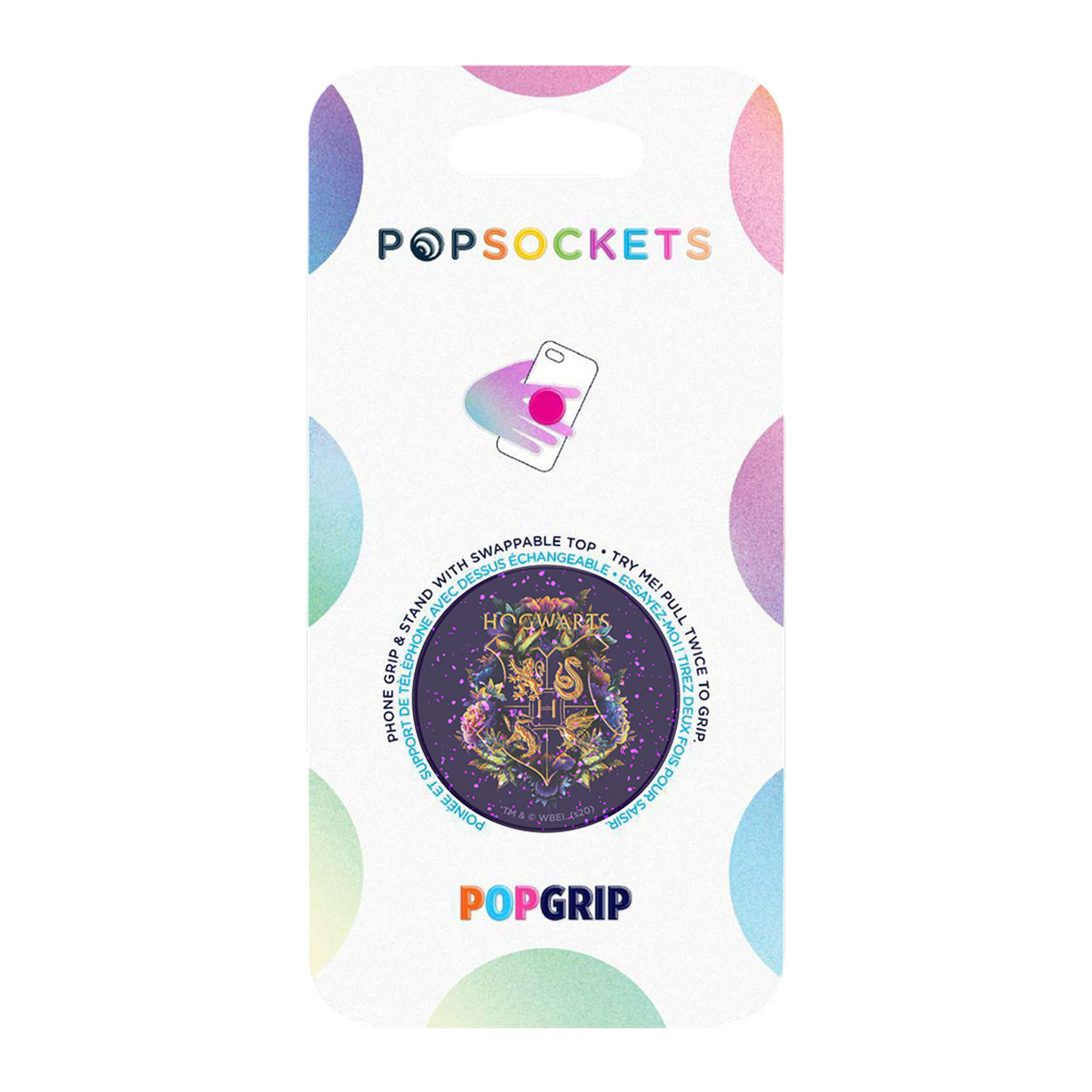 PopGrip de Hogwarts con escudo y logo de Hogwarts en empaque PopSockets.