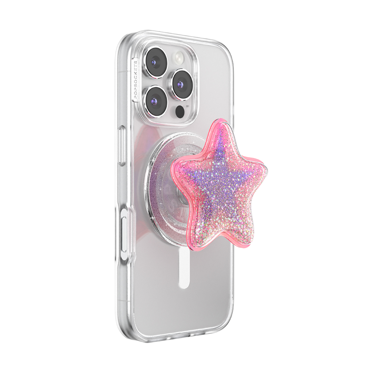 Un teléfono transparente con un PopSocket de estrella rosa con purpurina.