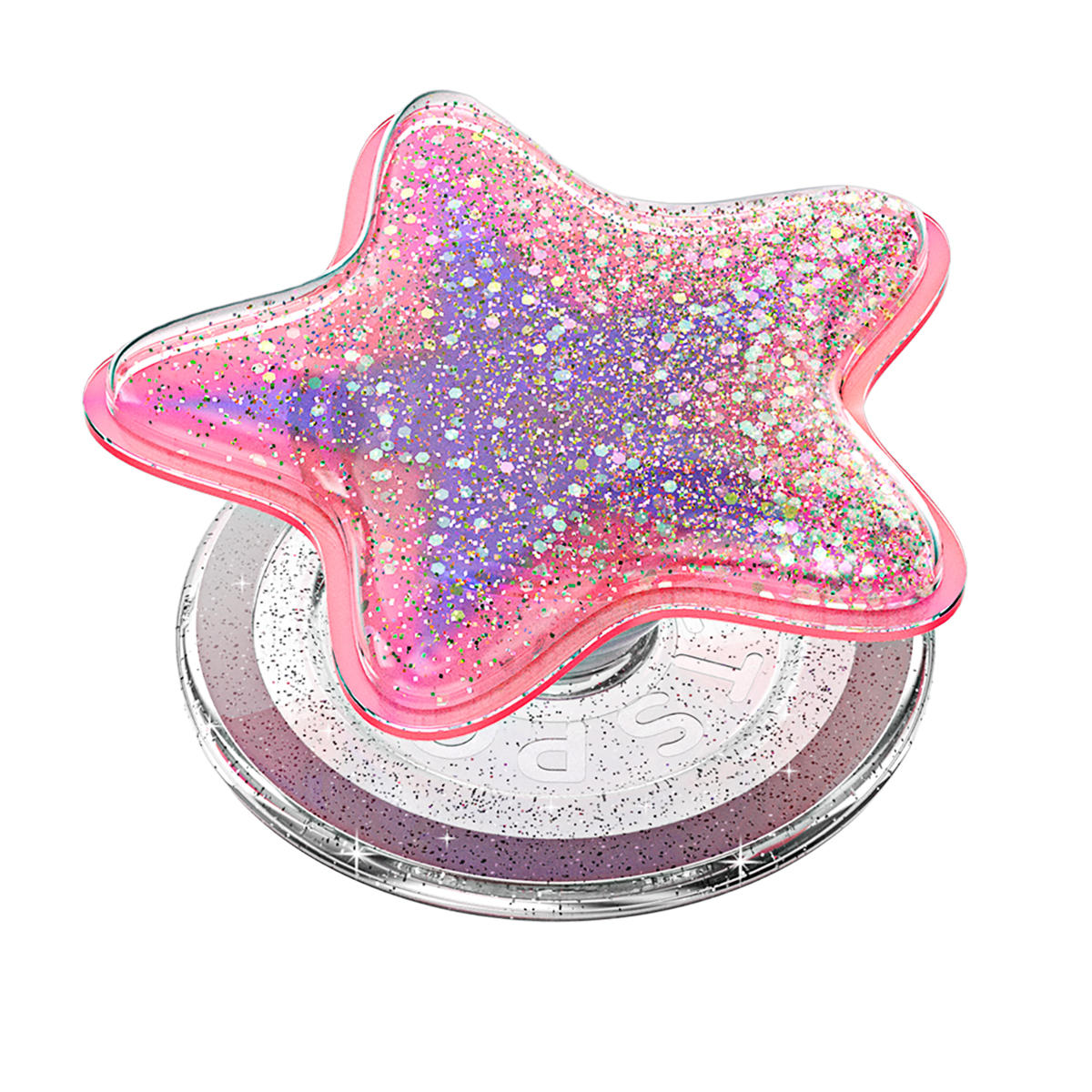 Un agarre de teléfono en forma de estrella rosa lleno de purpurina rosa y morada y líquido.