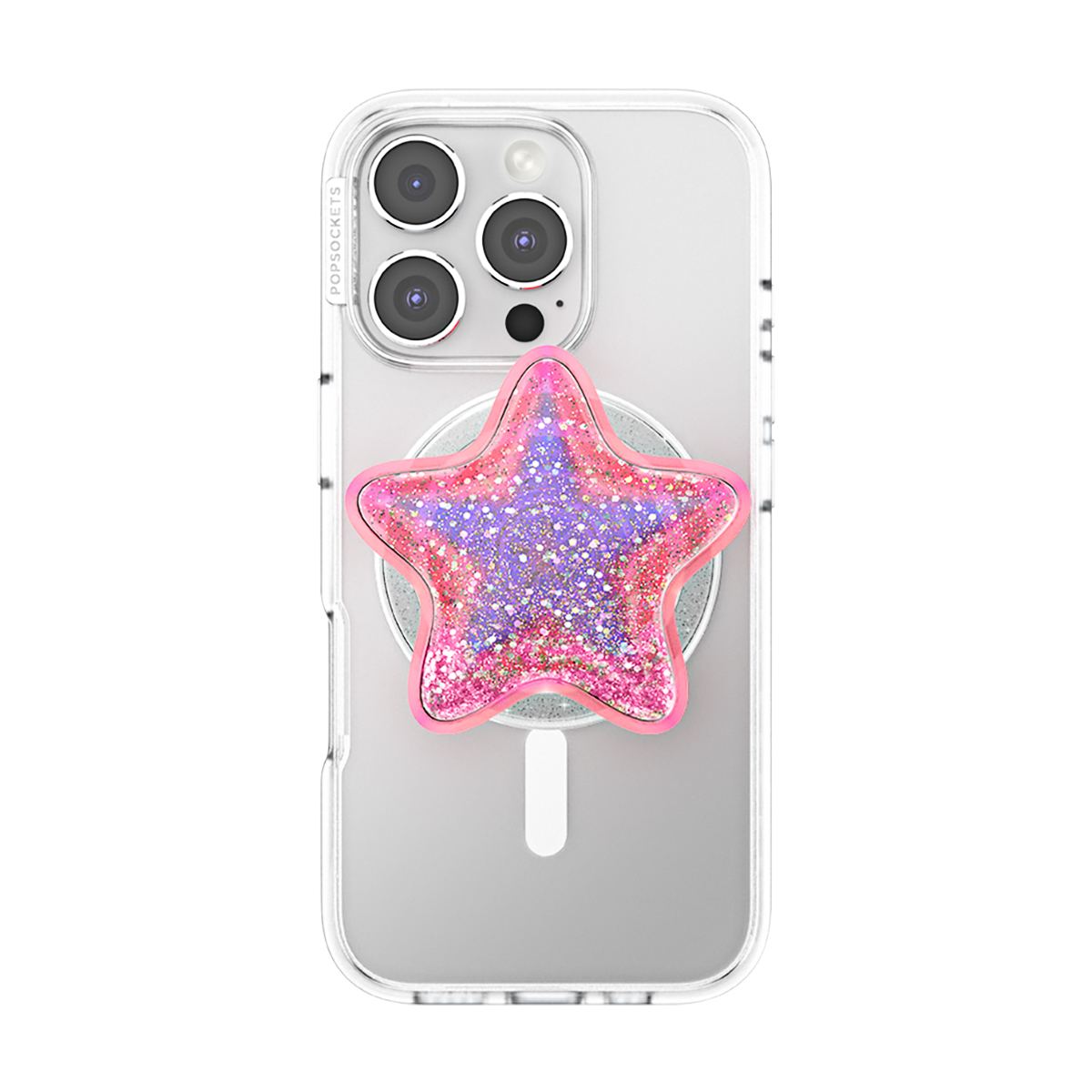 Un teléfono transparente con un Popsocket de estrella rosa con purpurina.