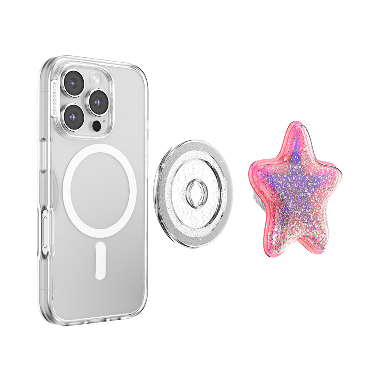Un iPhone transparente con MagSafe, un anillo plateado y un agarre de estrella rosa.