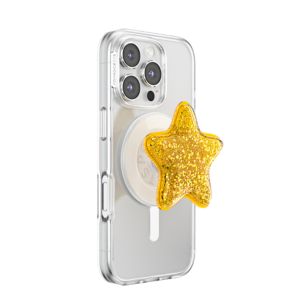 Una funda transparente para teléfono con un PopSocket de estrella dorada brillante.