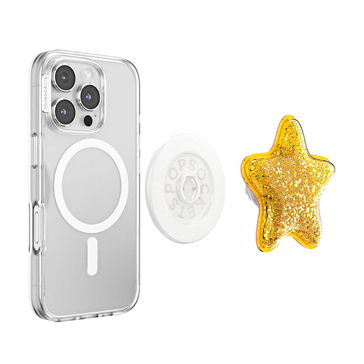 Funda transparente para móvil con MagSafe, base blanca y estrella dorada con purpurina.