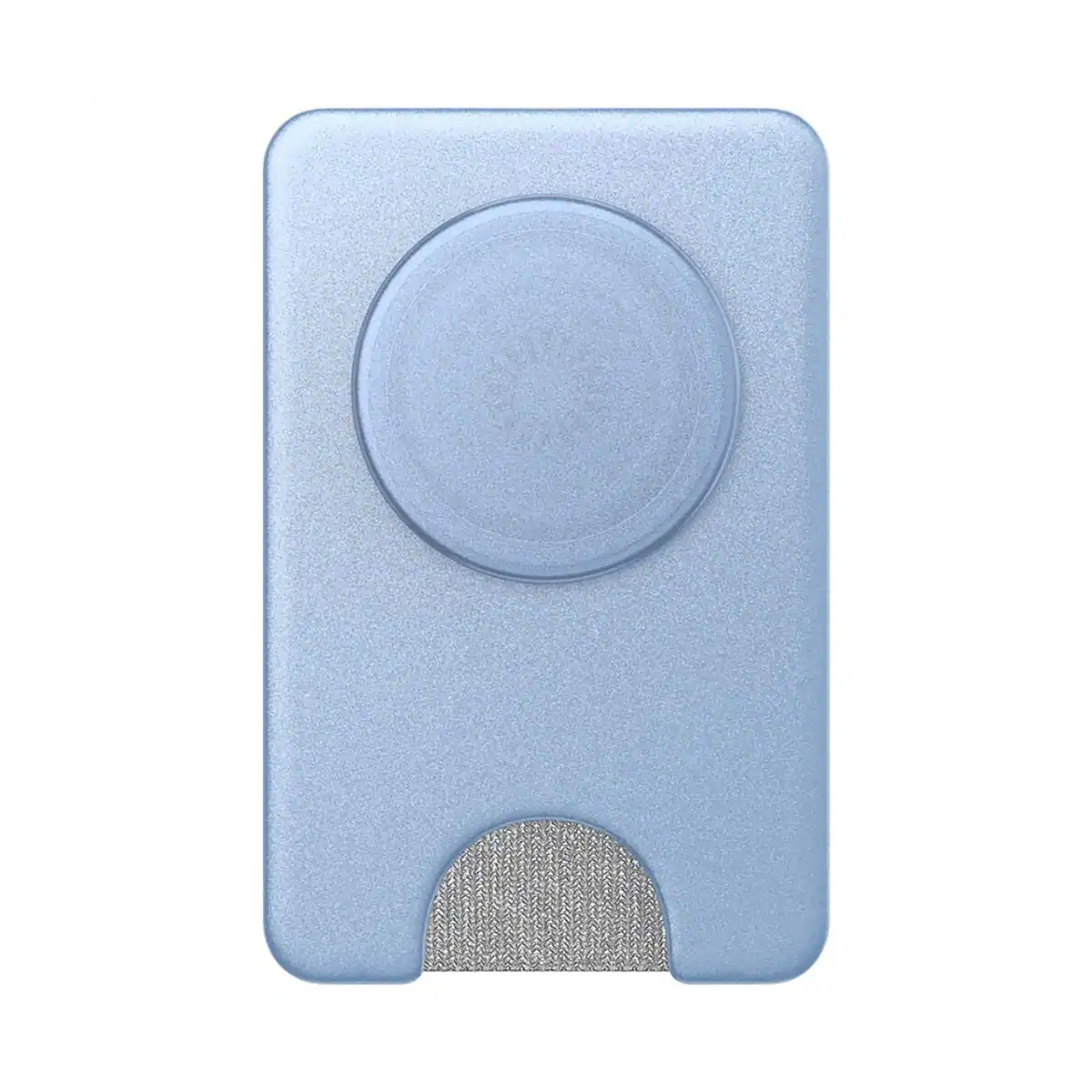 Un accesorio azul claro para teléfono con recorte circular y agarre texturizado.